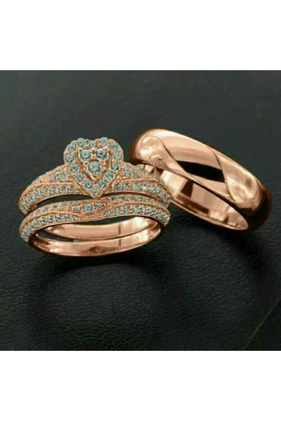 White Round Cut Diamond 14K Rose Gold Plated His Her Wedding Trio Ring