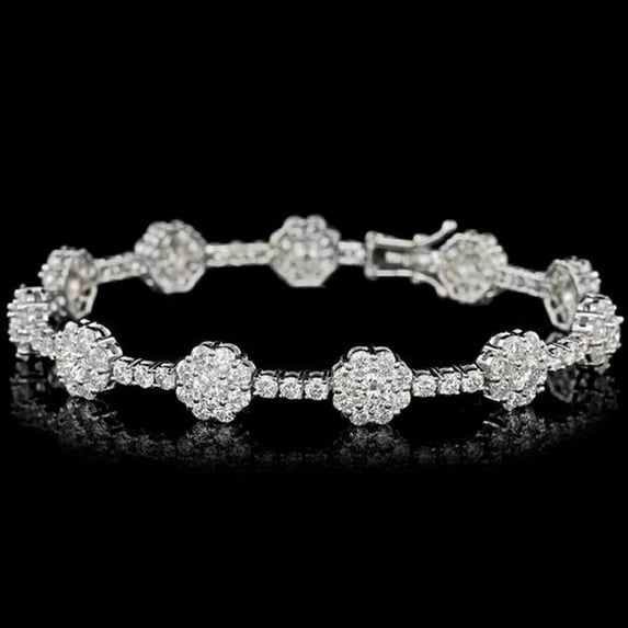 TAAPSEE JEWELS White Round Cut Cubic Zirconia Cluster Flower Tennis Bracelet 14k White Gold Finish