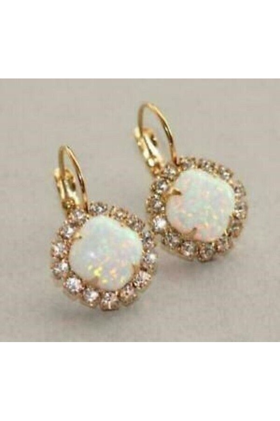 Women Cushion Cut Lab Created Fire Opal Halo Leverback Earring 14K Yellow Gold Over