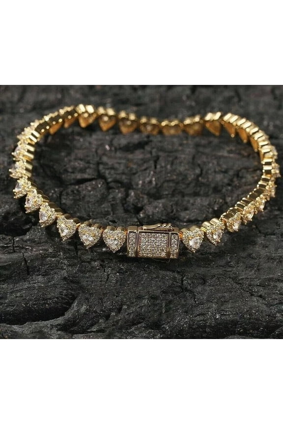 Women's Heart Tennis Link Bracelet Heart Cut Cubic Zirconia 14K Yellow Gold Plated