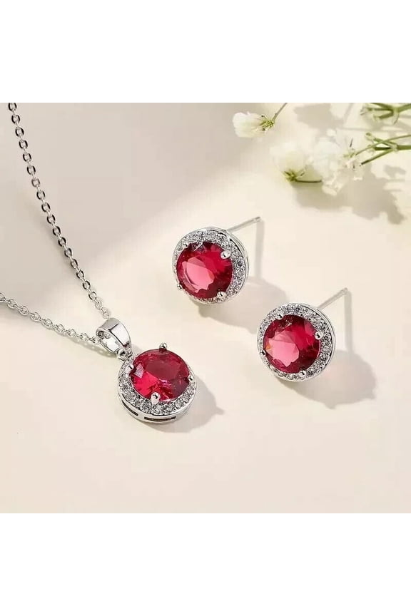 Women's Jewelry Set Round Red Ruby & Diamond 14K White Gold Plated
