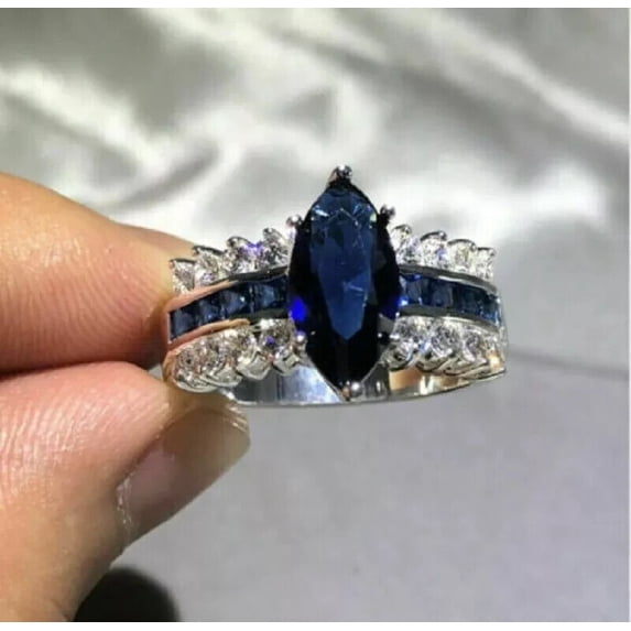 TAAPSEE JEWELS Women's Marquise Cut Lab Created Blue Sapphire Cocktail Wedding Ring 14k White Gold Plated