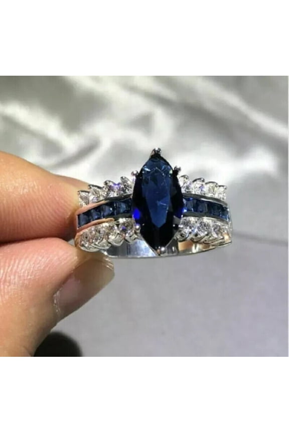 Women's Marquise Cut Lab Created Blue Sapphire Cocktail Wedding Ring 14k White Gold Plated