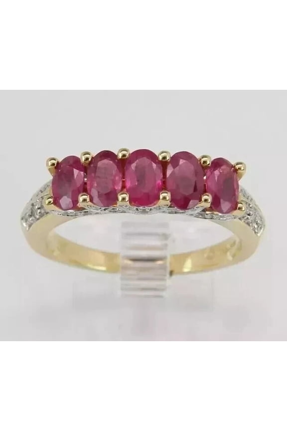 Women's Oval Cut Lab Created Red Ruby Band Wedding Ring 14k Yellow Gold Plated Silver