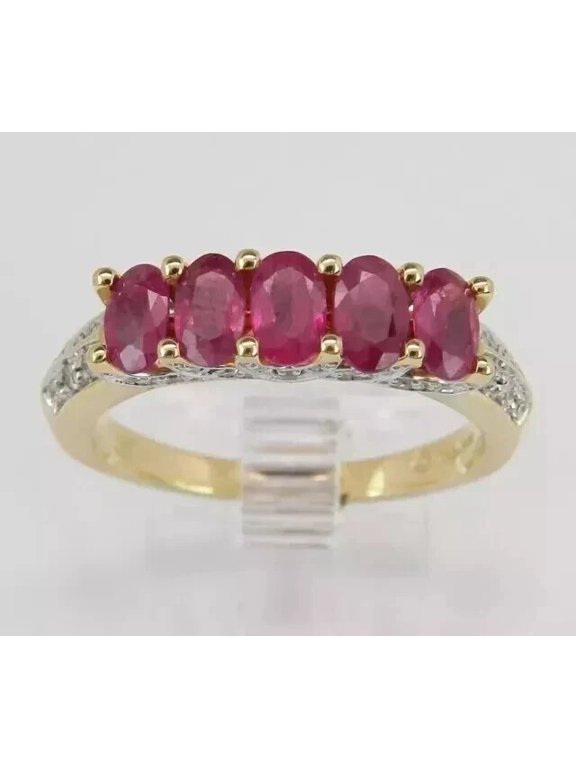 Women's Oval Cut Lab Created Red Ruby Band Wedding Ring 14k Yellow Gold Plated Silver