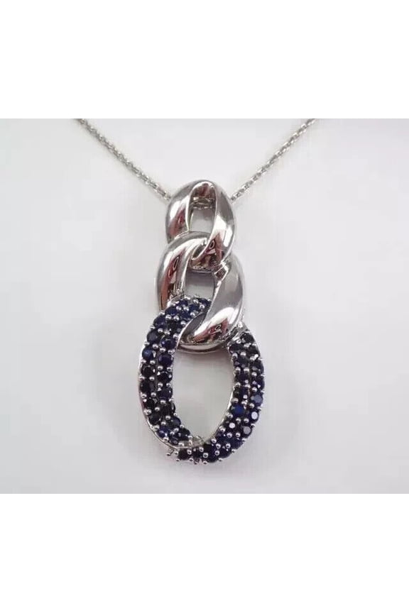 Women's Round Cut Blue Sapphire Chain Link Pendant W/ Chain 14K White Gold Plated