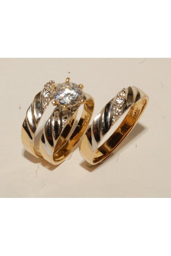 Yellow Gold Finish Wedding Bands & Engagement ring Man's & ladies Trio Set His/Hers