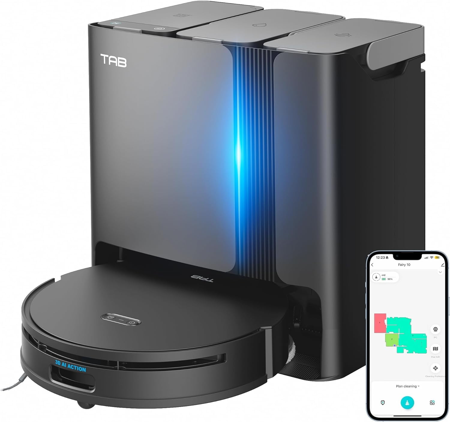 TAB Fairy10 Robot Vacuum and Mop Combo with 6000 Pa Suction, Hidden LiDAR Navigation, Self Drying, Auto Empty & Refill, 15mm Auto Lift Dual Mops, Auto Mop Washing, Obstacle Avoidance, Self Cleaning