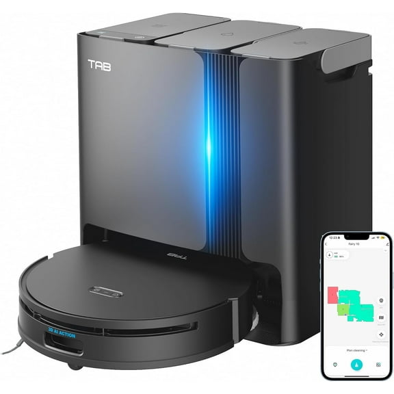 TAB Fairy10 Robot Vacuum and Mop Combo with 6000 Pa Suction, Hidden LiDAR Navigation, Self Drying, Auto Empty & Refill, 15mm Auto Lift Dual Mops, Auto Mop Washing, Obstacle Avoidance, Self Cleaning