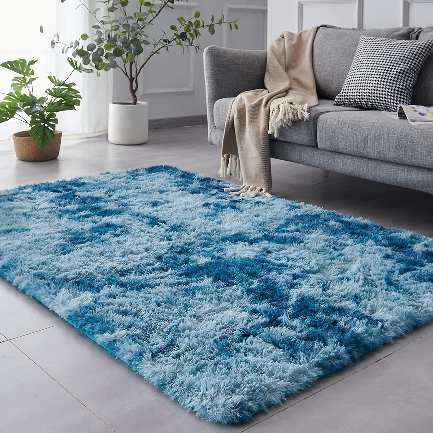 TABAYON Shag Area Rug, 4'x6' Tie-Dyed Dark Blue Indoor Ultra Soft Plush ...