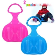TABGIME 2 Packs Outdoor Plastic Snow Saucer Sleds Skiing Boards W/Handle for Kids Snow, Grass and Sand Boarding, Blue Pink 2 Color