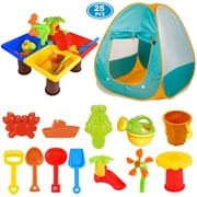 TABGIME 4-in-1 Kids Sand Water Table W/Play Tent & 25 Pcs Water Pinwheel Beach Toys for 2-5 Toddlers Indoor Outdoor Activity