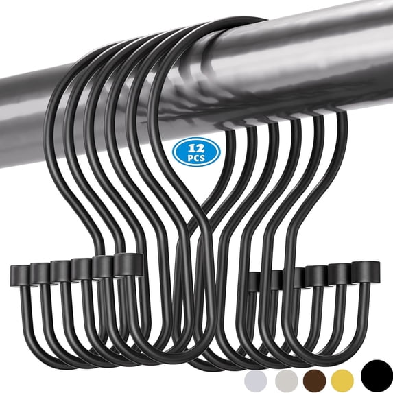 TABGIME Balanced Glide Brushed Matte Black Rustproof Metal Shower Curtain Rings Double Hooks, 12 Count-Decorative Cylinders