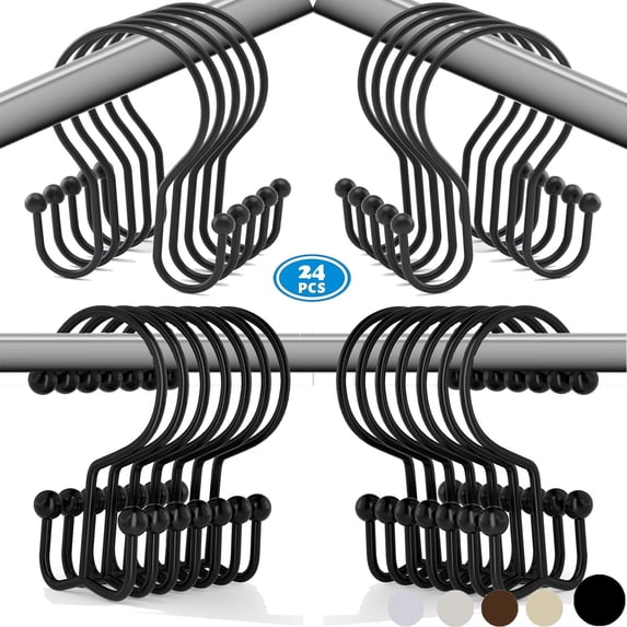 TABGIME 24pk Mixed Shower Curtain Hooks Rings, Rust-Resistant Metal Balanced Double Glide Shower Hook for Bathroom Shower Rod Curtain, Brushed Matte Black Finish