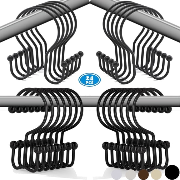 TABGIME 24pk Mixed Shower Curtain Hooks Rings, Rust-Resistant Metal Balanced Double Glide Shower Hook for Bathroom Shower Rod Curtain, Brushed Matte Black Finish