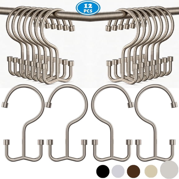 TABGIME Decorative & Durable Glide Brushed Matte Nickel Rustproof Metal Shower Curtain Rings Double Hooks, 12 Count-Cylinders