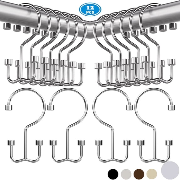 TABGIME Decorative & Durable Glide Plated Chrome Rustproof Metal Shower Curtain Rings Double Hooks, 12 Count-Cylinders