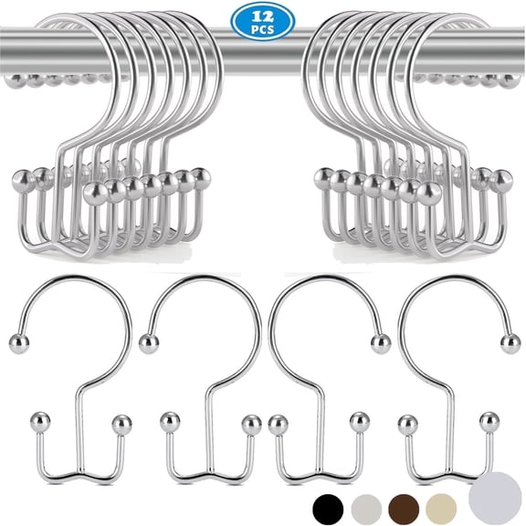 TABGIME Durable Plated Chrome Finish Metal Rustproof Double Hooks Shower Curtain Rings, 12 Count