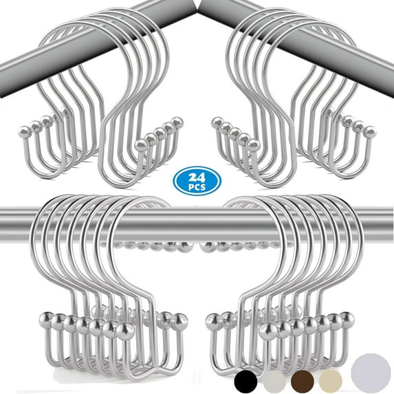 TABGIME 24pk Mixed Shower Curtain Hooks Rings, Rust-Resistant Metal Balanced Double Glide Shower Hook for Bathroom Shower Rod Curtain, Plated Chrome Finish