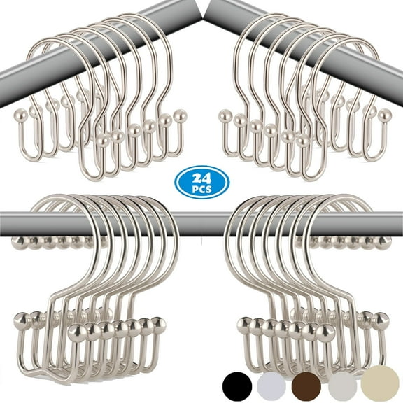 TABGIME  24pk Mixed Shower Curtain Hooks Rings, Rust-Resistant Metal Balanced Double Glide Shower Hook for Bathroom Shower Rod Curtain, Polished Nickel Finish