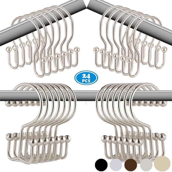 TABGIME 24pk Mixed Shower Curtain Hooks Rings, Rust-Resistant Metal Balanced Double Glide Shower Hook for Bathroom Shower Rod Curtain, Polished Nickel Finish