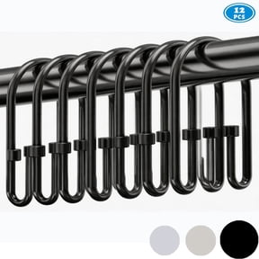 TABGIME Decorative & Sturdy Glide Brushed Matte Black Rustproof Metal Shower Curtain Rings U-Shaped Non-Slip Double Hooks, 12 Count-Decorative Cylinders