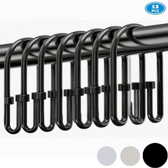 TABGIME Decorative & Sturdy Glide Brushed Matte Black Rustproof Metal Shower Curtain Rings U-Shaped Non-Slip Double Hooks, 12 Count-Decorative Cylinders