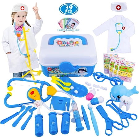 TABGIME Toy Doctor Kit for Kids Girls Boys, Reusable Medical Kits Pretend Play Doctor Set Gifts for 3-6 Toddler, 39PCS Blue