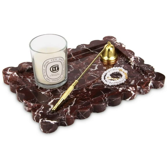 TABHOUKIT Decorative Marble Tray with Scalloped Edge Rosso Lepanto, 10.8 * 8 Luxury Natural Stone Bathroom Vanity Tray, Dresser Top Perfume Coffee Home Kitchen Sink Tray