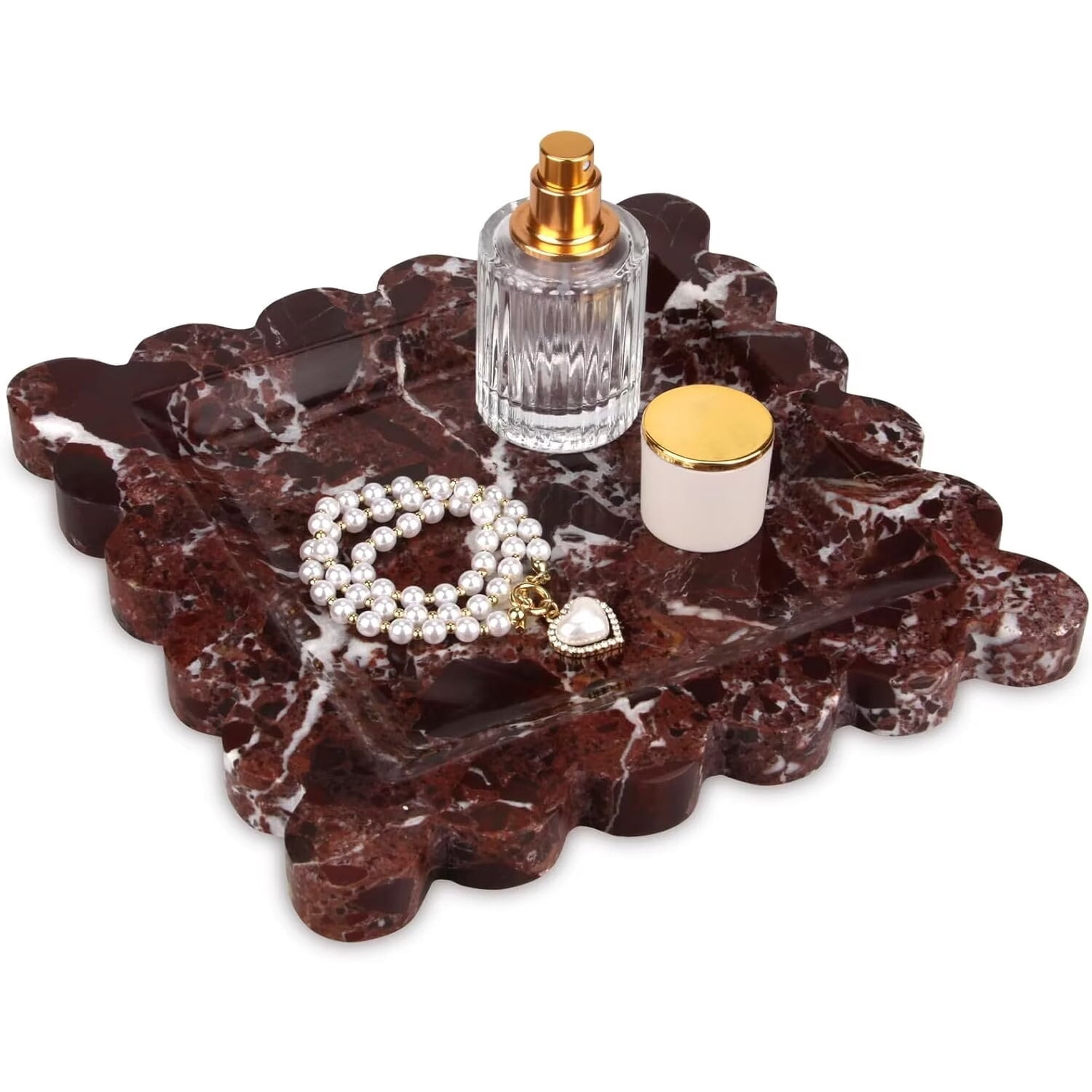 TABHOUKIT Square Marble Decorative Tray with Scalloped Edge Rosso Lepanto, 8 * 8 Luxury Natural Stone Bathroom Vanity Tray, Dresser Top Perfume Coffee Home Kitchen Sink Tray