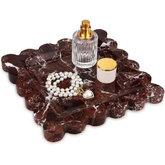 TABHOUKIT Square Marble Decorative Tray with Scalloped Edge Rosso Lepanto, 8 * 8 Luxury Natural Stone Bathroom Vanity Tray, Dresser Top Perfume Coffee Home Kitchen Sink Tray