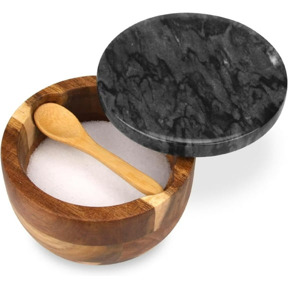 TABHOUKIT Wooden Salt Cellar Box with Marble Lid & Spoon, Modern Black Stone Salt or Pepper Sugar Spice Seasoning Bowl Container Jar Holder Well Keeper Dish Pig Crock for Kitchen
