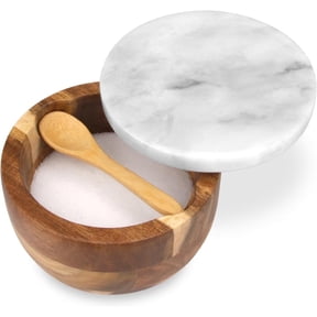 TABHOUKIT Wooden Salt Cellar Box with Marble Lid & Spoon, White Lid, Modern White Stone Salt or Pepper Sugar Spice Seasoning Bowl Container Jar Holder Well Keeper Dish Pig Crock