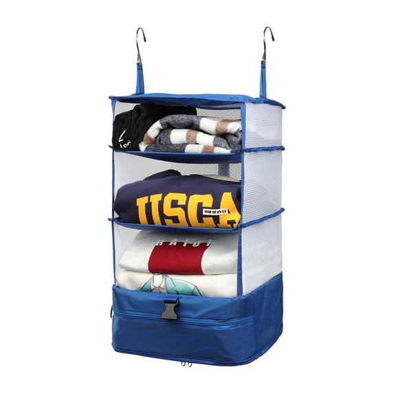 TABITORA Hanging Travel Organizer Travel Garment Packing Luggage Organizer Collapsible Compartment Hanging Closet for Wardrobe Carry On Roller Bag Suitcase Storage Blue,Large