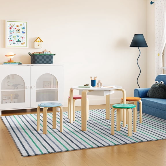 Mainstays Kids Get Happy 5-Piece Play Table and Chair Set, Natural Teak and Multicolor