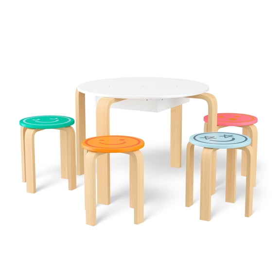 Mainstays Kids 5-Piece Get Happy Play and Chair Set, Natural Teak and Multicolor
