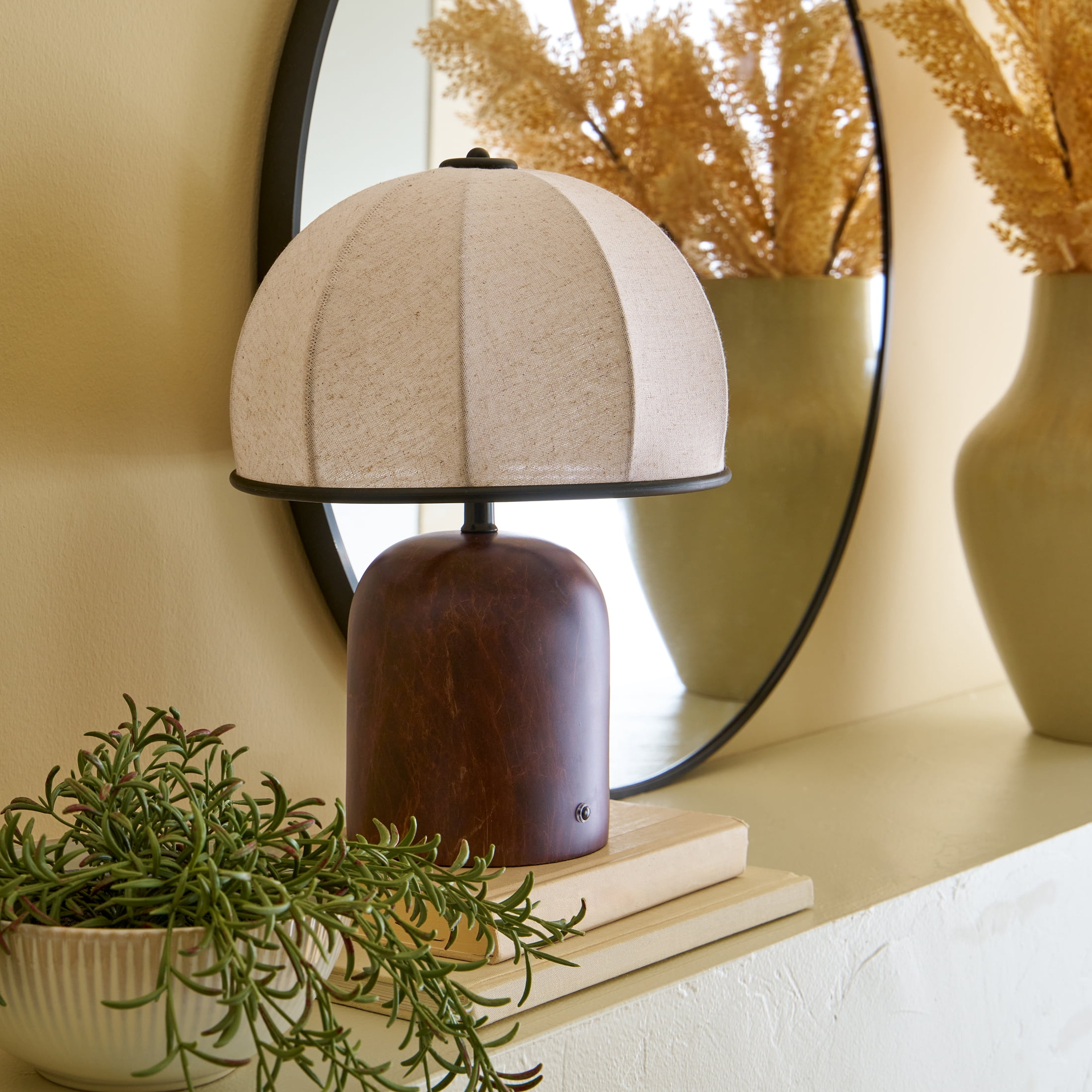 Better Homes & Gardens 14-Inch Warm Brown Rechargeable Gourd Table Lamp with Fabric Dome Shade