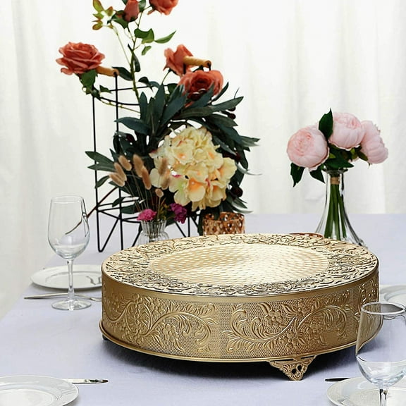 TABLECLOTHSFACTORY 18" Round Gold Embossed Metal Cake Plateau Stand Riser Wedding Dessert Display Plate