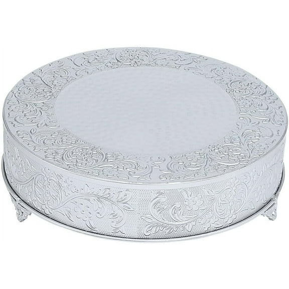 TABLECLOTHSFACTORY 18" Round SILVER Embossed Metal Cake Plateau Stand Riser Wedding Dessert Display Plate