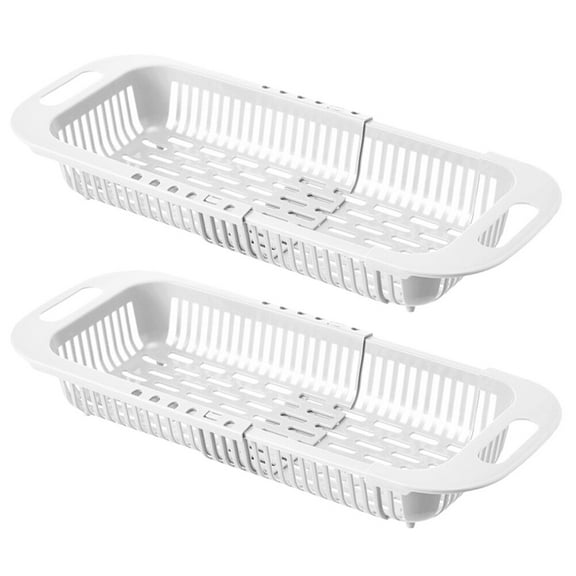 TABLETREANDS 2-Pack White Retractable Drain Basket for Kitchen Food Preparation, and Space-Saving, 13.76 x 7.27 x 2.55 inches
