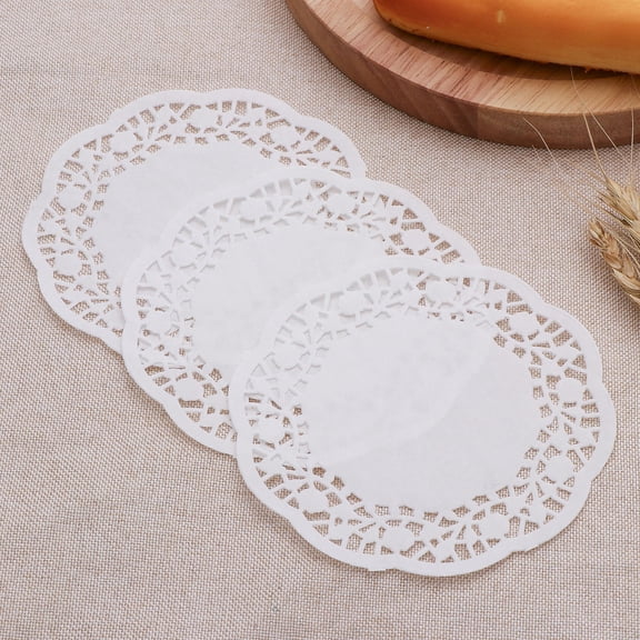 TABLZONE 100Pcs Oil Absorbing White Cake Paper Pads Round Lace Design for Parties