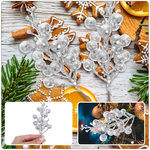 TABLZONE Artificial Plated Silver Berry Stems for Festive Holiday Decor, 12Pcs