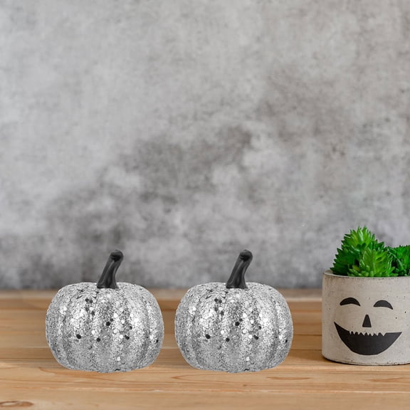 TABLZONE 12Pcs Plated Silver Artificial Glitter Pumpkins for Kitchen Mantle and Shelf Decoration