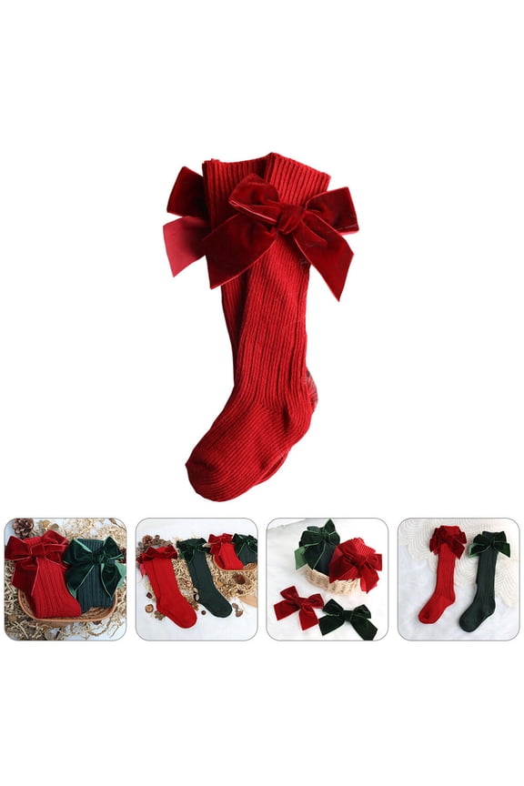1 Pair Red Cotton Mid-Calf Socks with Bow , Soft and Comfortable for Fall and Winter Wear