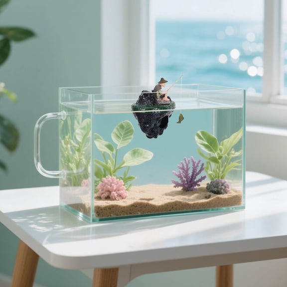 TABLZONE 1Set Creative Floating Island Fish Tank Decoration with Fisherman Figurine and Hideaway Cave