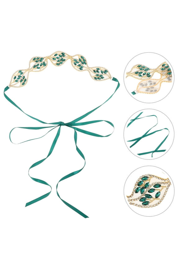 Green Leaf Trim Ribbon Belt with Rhinestones Elegant Dress Accessory for Women Weddings and Special Occasions