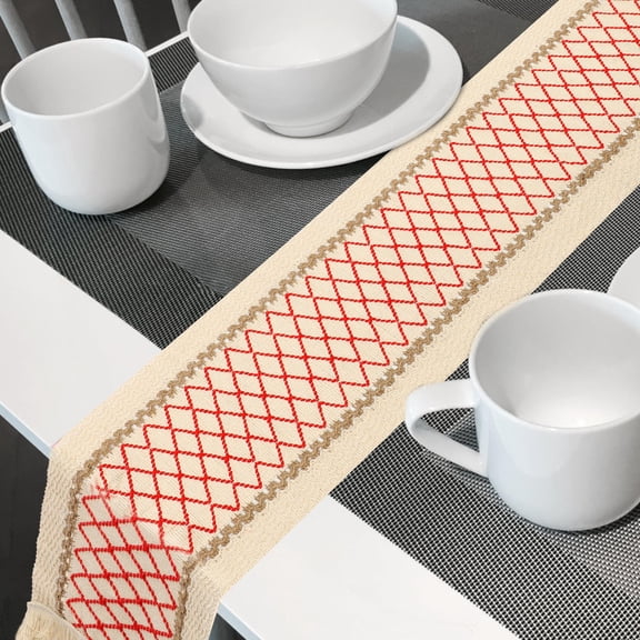 TABLZONE Red Decorative Linen Tablecloth with Tassel for Dining Table Home and Event Decor