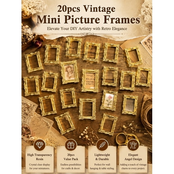 TABLZONE 20Pcs Tiny Golden Resin Picture Frames for Vintage Craft Use and Home Decoration