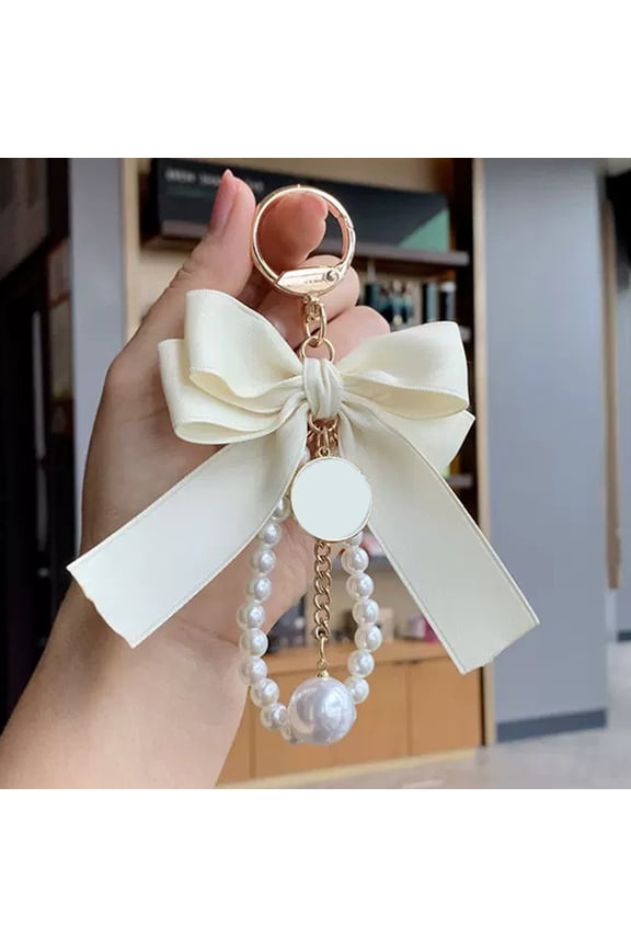2-Pack Beige Bowknot Keychains Decorative Charms for Car, Bag, Purse Accessories Stylish and