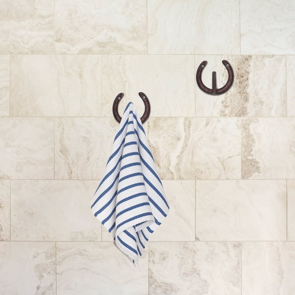 TABLZONE 2Pcs Cast Iron Horseshoe Wall Hooks Rustic Light Brown Heavy Duty Wall Mounted Hooks